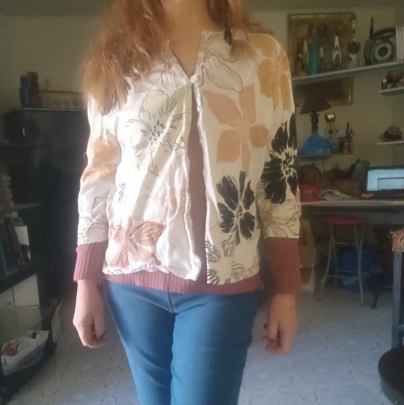 Womens Knit Sweater button up flower print b1 - Picture 11 of 12
